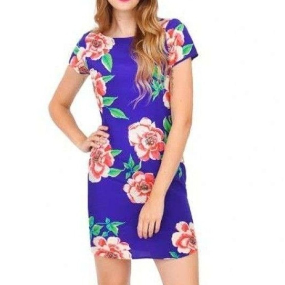 Yumi Kim‎ Blue Rose Floral 100% Silk Elana  Short Sleeve Shift Dress Size Medium